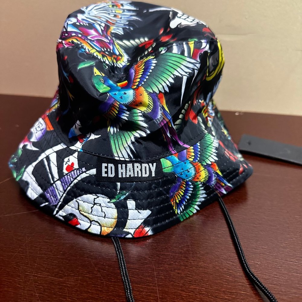 Ed Hardy Mens Multicolor Graphic Tattoo Lightweight Bucket Hat One Size